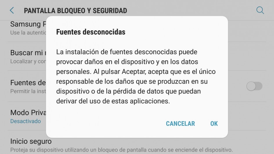 Mensaje de Android cuando se activa la instalación de aplicaciones de fuentes desconocidas